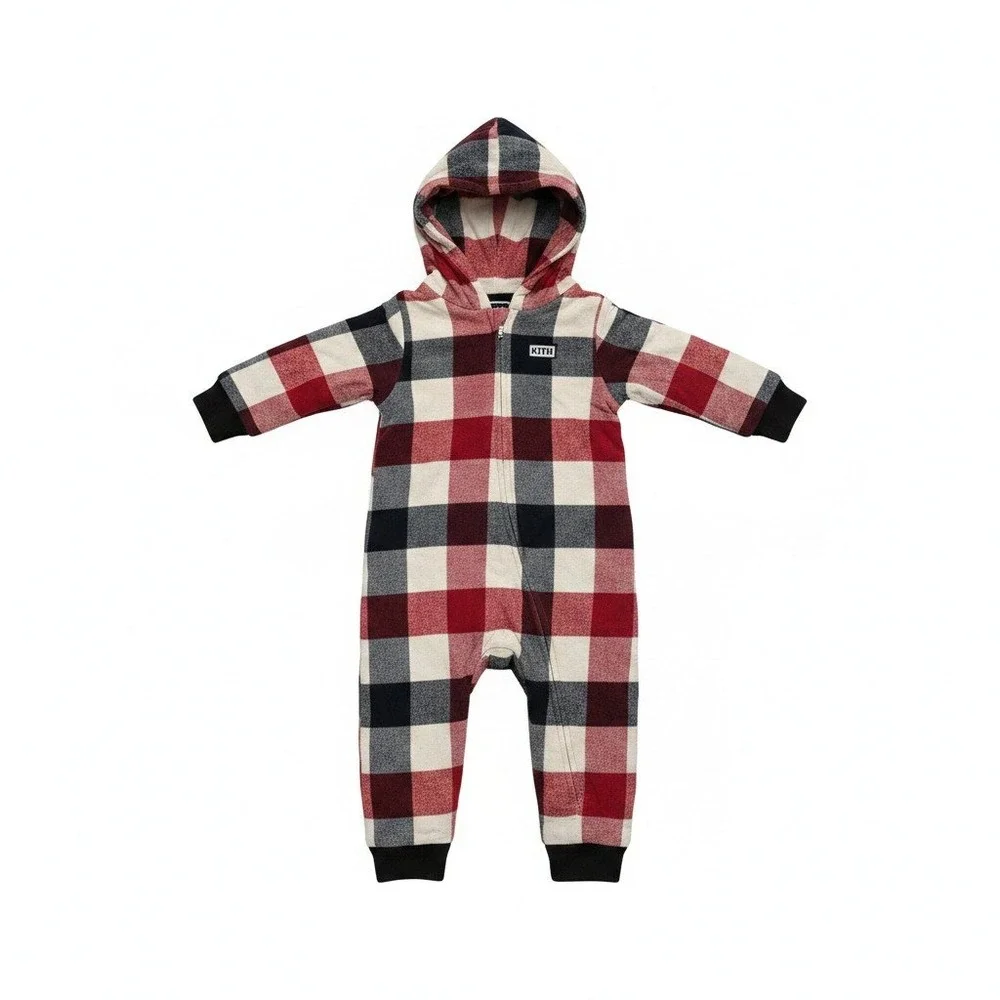 Kith Kids Plaid Hooded Onepiece Romper Jumpsuit Red Cream Blue Size 3-6 Months